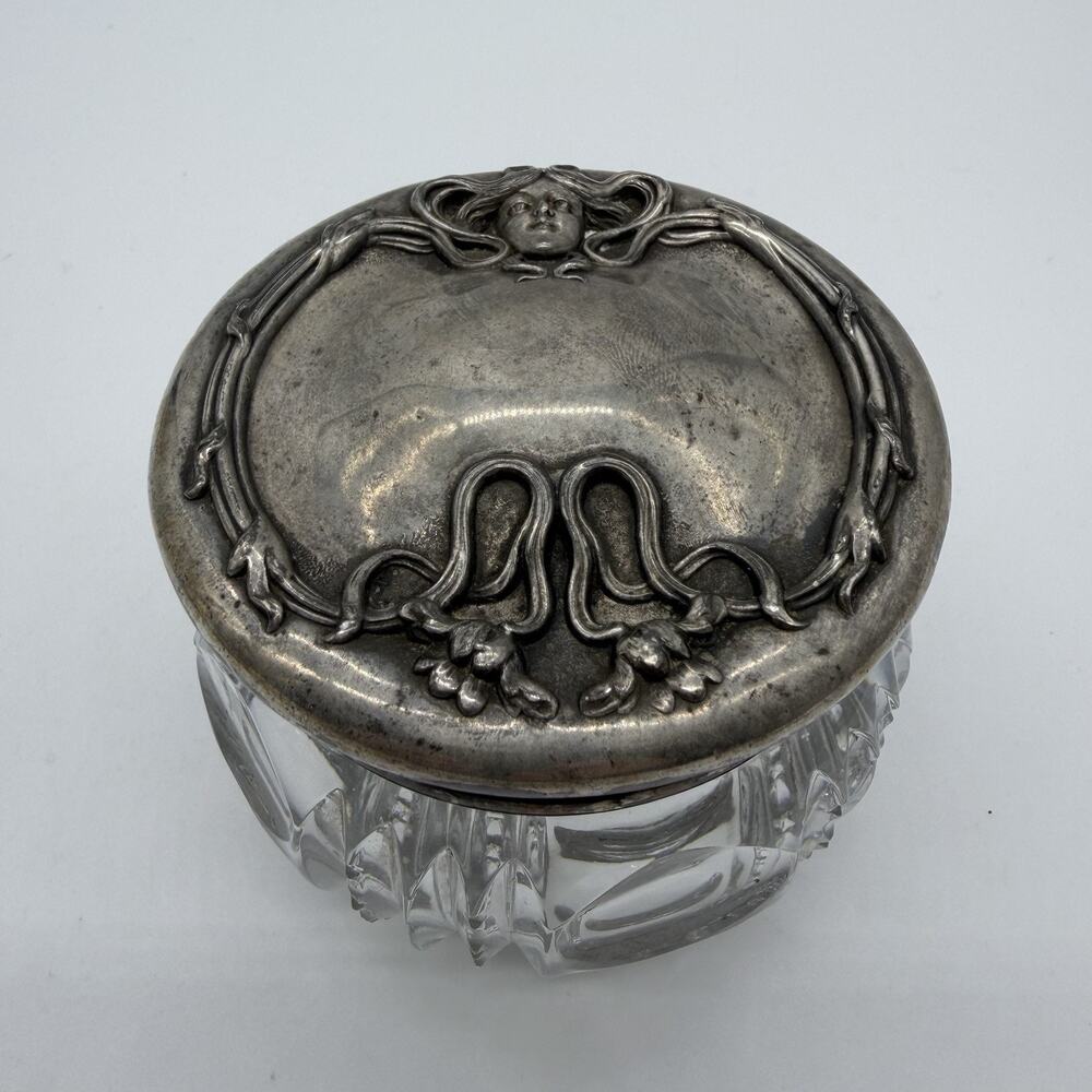Vintage Art Nouveau Glass Powder Dresser Jar Silver Tn Lid Lady Repousse Vanity
